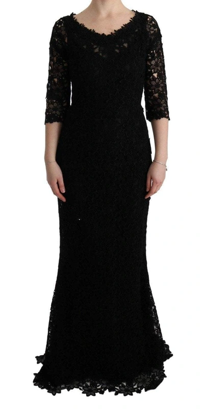 Shop Dolce & Gabbana Black Floral Ricamo Sheath Long Dress