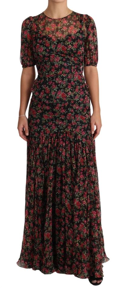 Dolce & Gabbana Black Floral Roses A-line Shift Gown Dress In Black