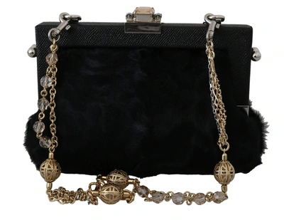 Shop Dolce & Gabbana Black Fur Brocade Crystal Shoulder Vanda Purse