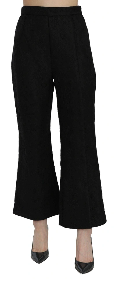 Shop Dolce & Gabbana Black High Waist Flared Cropped Brocade Pants