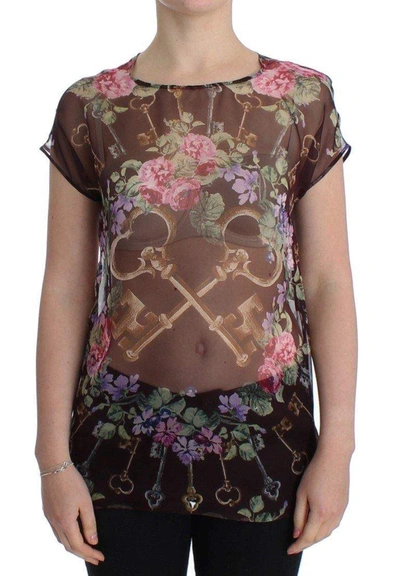 Dolce & Gabbana Black Key Floral Print Silk Blouse T-shirt In Black