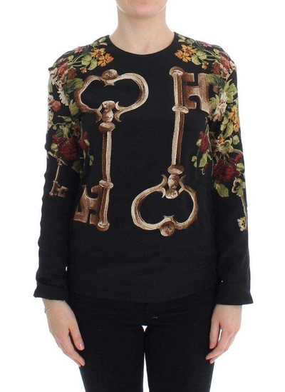 Shop Dolce & Gabbana Black Key Floral Print Silk Blouse Top