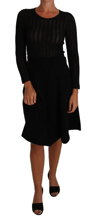 Shop Dolce & Gabbana Black Knitted Wool Sheath Long Sleeves Dress