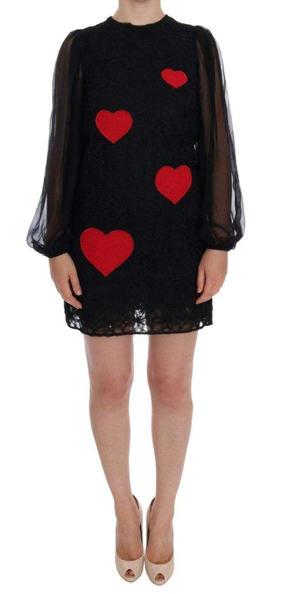 Shop Dolce & Gabbana Black Lace Red Heart Shift Dress