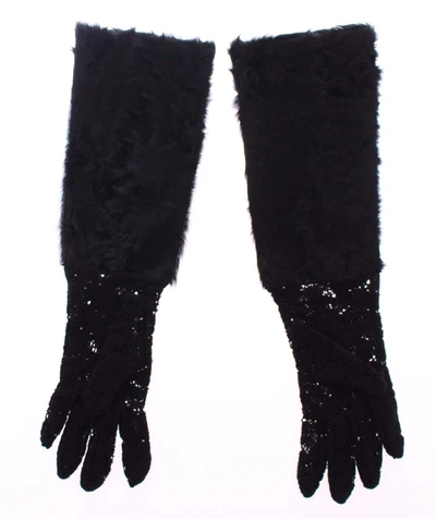 Shop Dolce & Gabbana Black Lace Wool Lambskin Fur Elbow Gloves