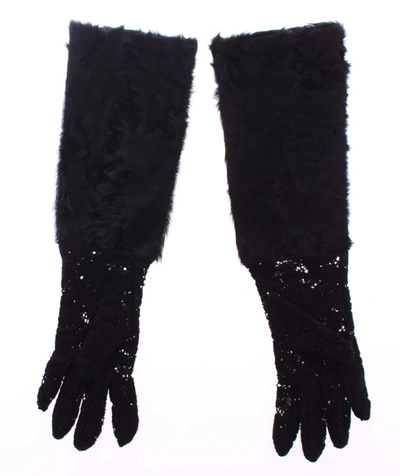 Dolce & Gabbana Black Lace Wool Lambskin Fur Elbow Gloves In Black