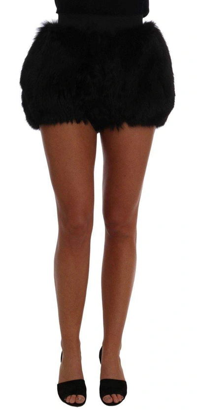 Shop Dolce & Gabbana Black Lamb Fox Fur Mini Hot Pants