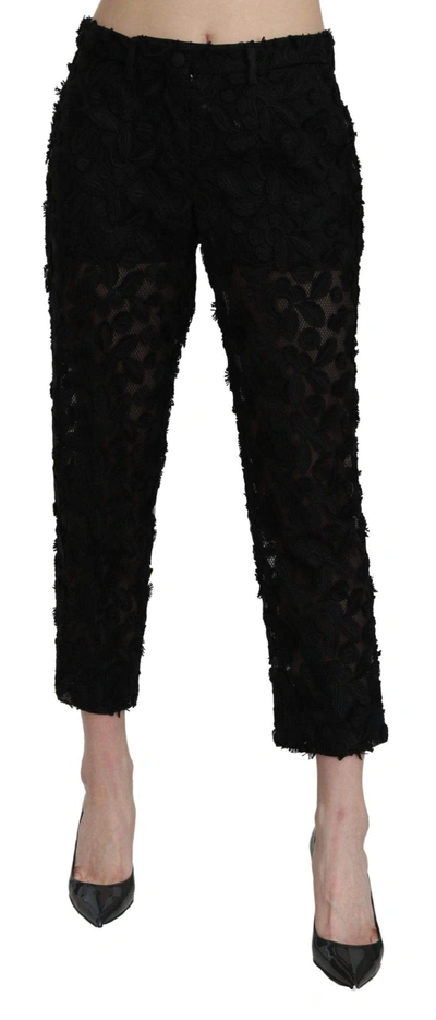 Dolce & Gabbana Black Lace Straight Cropped High Waist Pants In Black