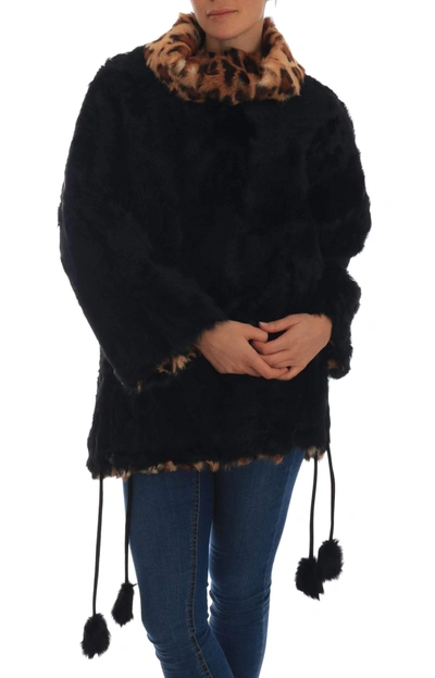 Shop Dolce & Gabbana Black Lamb Leopard Print Fur Coat Jacket