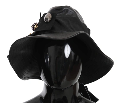 Shop Dolce & Gabbana Black Leather Dg Coin Crystal Wide Brim Hat