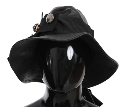 Dolce & Gabbana Black Leather Dg Coin Crystal Wide Brim Hat In Black