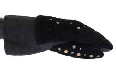 Dolce & Gabbana Black Leather Shearling Studded Gloves In Black