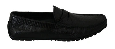 Shop Dolce & Gabbana Black Lizard Leather Flat Loafers Shoes