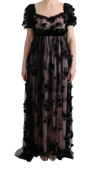 Shop Dolce & Gabbana Black Pink Silk Applique Shift Dress