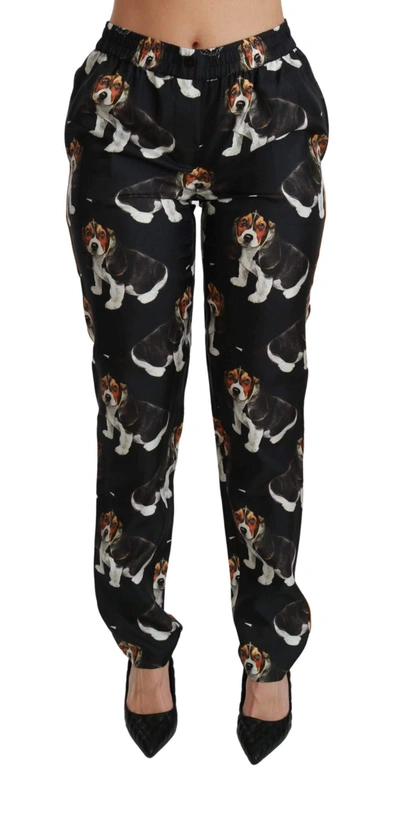 Dolce & Gabbana Black Puppy Dog Mid Waist Skinny Silk Pants In Black