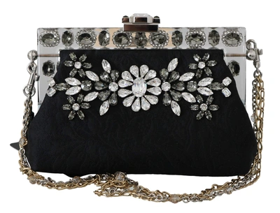 Shop Dolce & Gabbana Black Ricamo  Silver Crystal Shoulder Vanda Purse