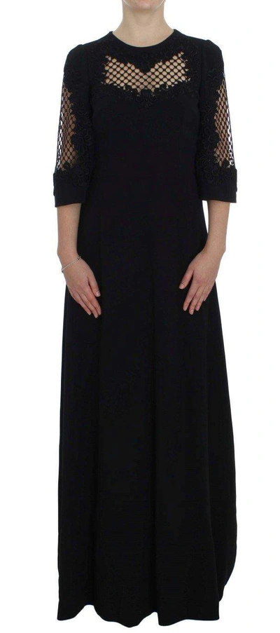 Shop Dolce & Gabbana Black Ricamo Wool Stretch Maxi Dress