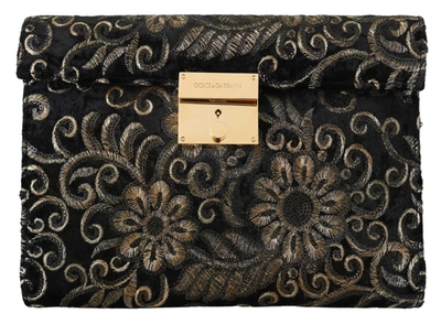 Shop Dolce & Gabbana Black Ricamo Sequined Leather Document Briefcase Bag