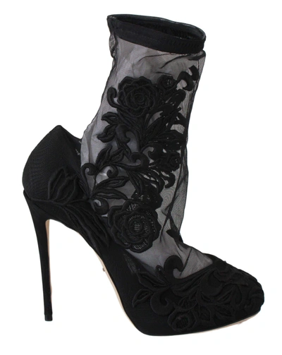 Dolce & Gabbana Black Roses Stilettos Booties Socks Shoes In Black