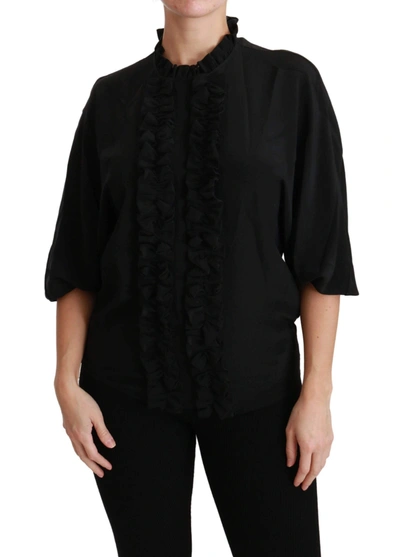 Shop Dolce & Gabbana Black Silk Shirt Ruffled Top Blouse