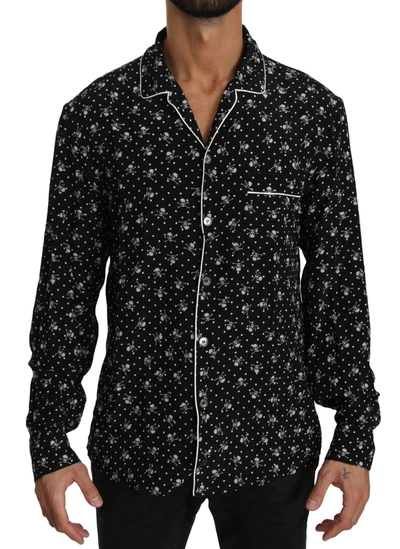 Shop Dolce & Gabbana Black Skull Print Silk Sleepwear Shirt