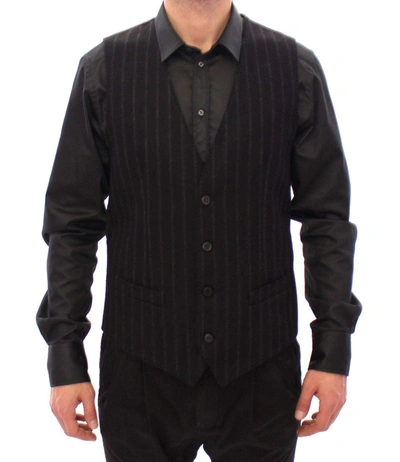 Shop Dolce & Gabbana Black Striped Wool Logo Vest Gilet Weste