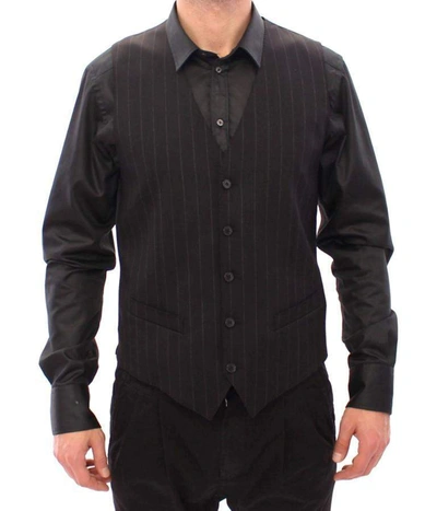 Dolce & Gabbana Black Striped Wool Logo Vest In Black