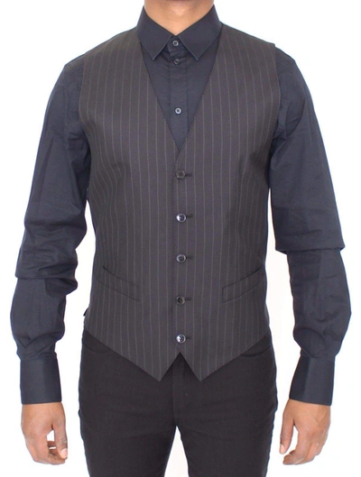 Shop Dolce & Gabbana Black Striped Wool Silk Dress Vest Gilet