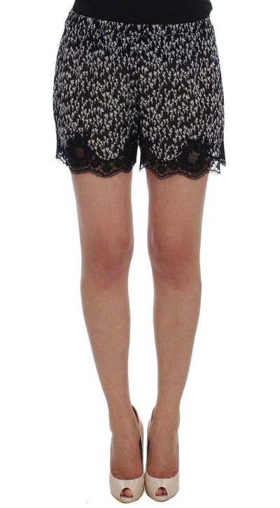 Shop Dolce & Gabbana Black White Floral Lace Silk Sleepwear Shorts