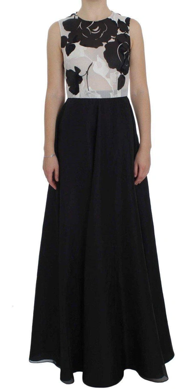 Dolce & Gabbana Black White Floral Silk Sheath Gown Dress In White