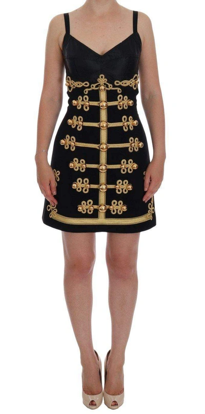 Shop Dolce & Gabbana Black Wool Stretch Gold A-line Dress