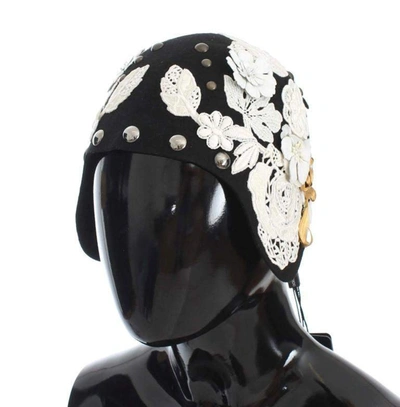 Shop Dolce & Gabbana Black Wool White Floral Gold Leaf Hat