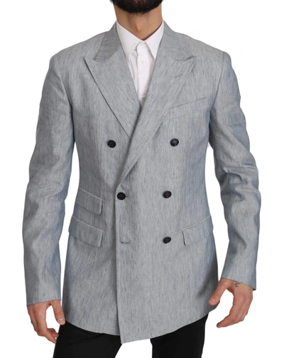 Shop Dolce & Gabbana Blue Flax Napoli Jacket Coat Blazer