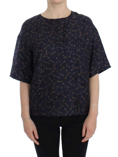 Shop Dolce & Gabbana Blue Gold Key Print Silk Blouse