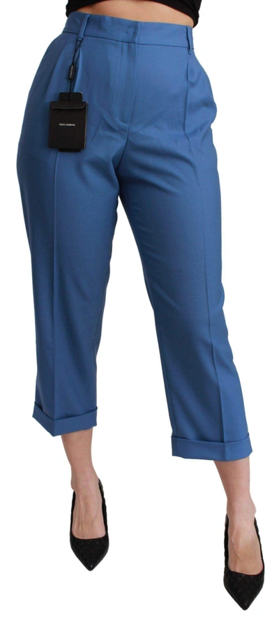 Shop Dolce & Gabbana Blue Pleated Wool Cuffed Cropped Trouser Pants