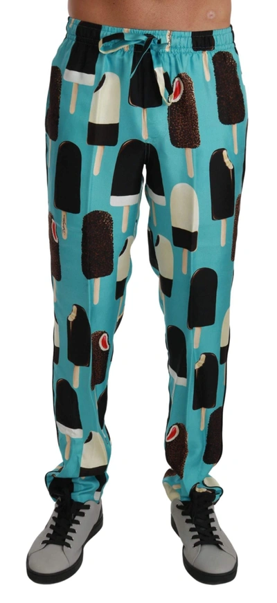 Shop Dolce & Gabbana Blue Silk Ice Cream Print Lounge Pants