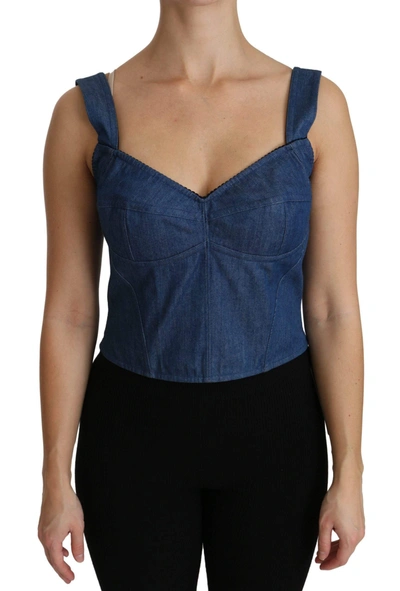 Shop Dolce & Gabbana Blue Sleeveless Bustier Blouse Cotton Top