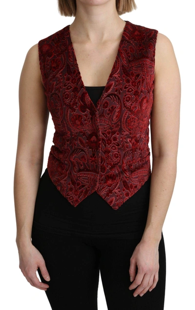 Shop Dolce & Gabbana Bordeaux Brocade Waistcoat Vest Cotton Top