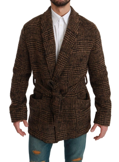 Shop Dolce & Gabbana Brown Checkered Wool Robe Coat  Wrap Jacket