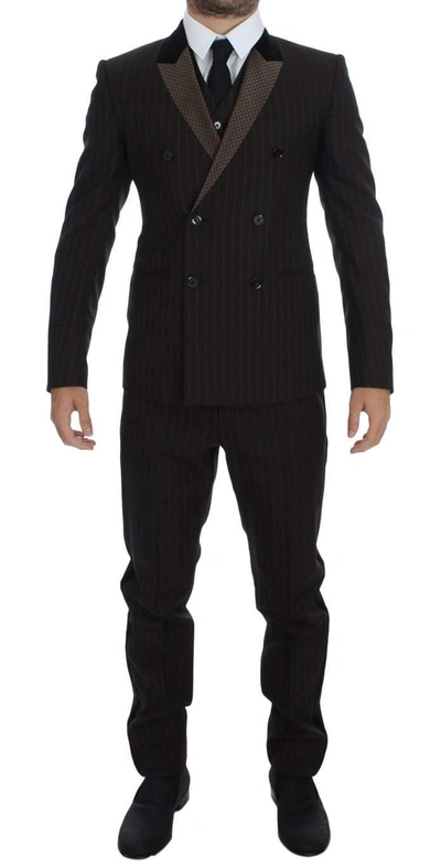 Shop Dolce & Gabbana Brown Striped Wool Slim 3 Piece Suit Tuxedo