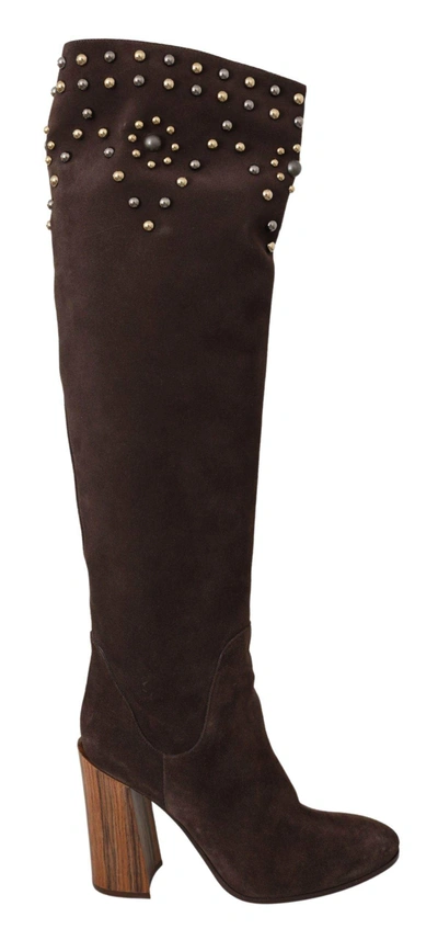Shop Dolce & Gabbana Brown Suede Studded Knee High Shoes Boots