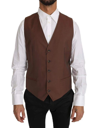 Shop Dolce & Gabbana Brown Wool Silk Waistcoat Vest