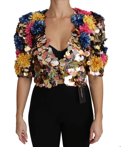 Shop Dolce & Gabbana Crystal Sequined Floral Jacket Coat In Multicolor