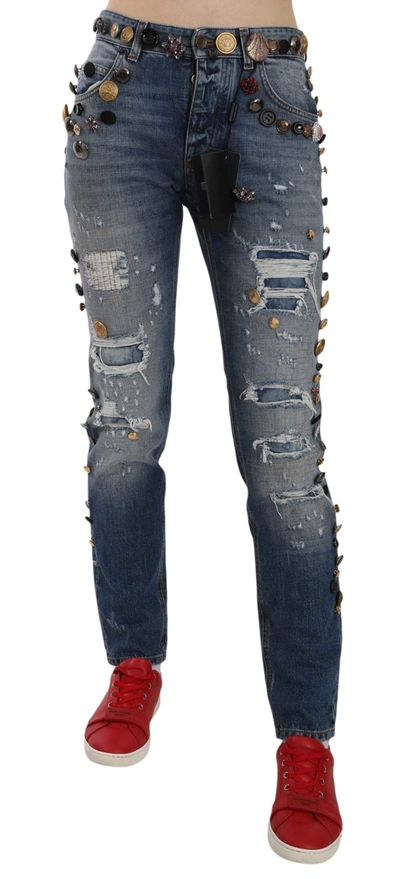 Shop Dolce & Gabbana Distressed Embellished Buttons Denim Pants Jeans In Blue