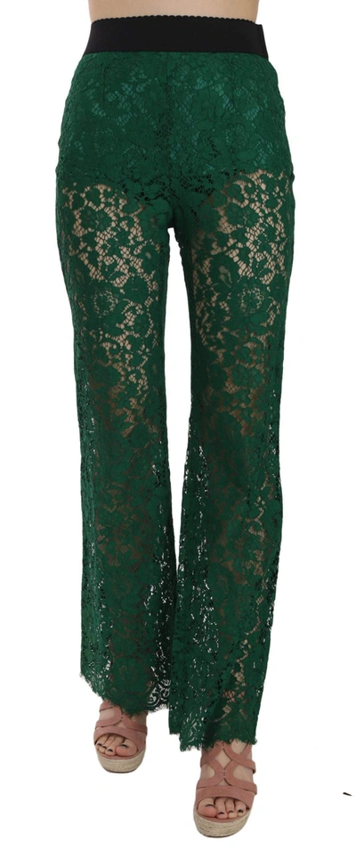 Shop Dolce & Gabbana Floral Lace Green Palazzo Trouser Pants