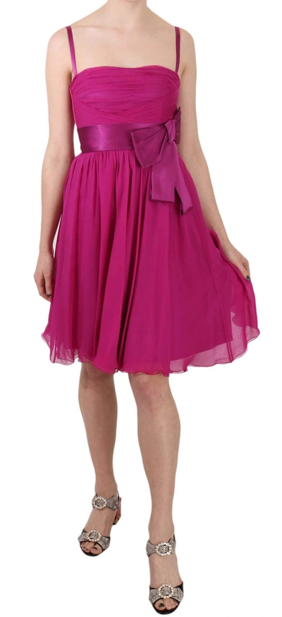 Shop Dolce & Gabbana Fuchsia Pink Bow Silk Sleeveless Dress