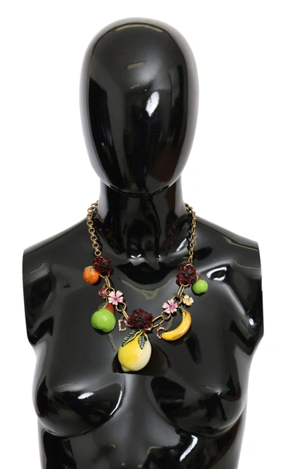 Shop Dolce & Gabbana Fruit Pendants Flowers Crystal Dg Logo Gold Brass Necklace In Green
