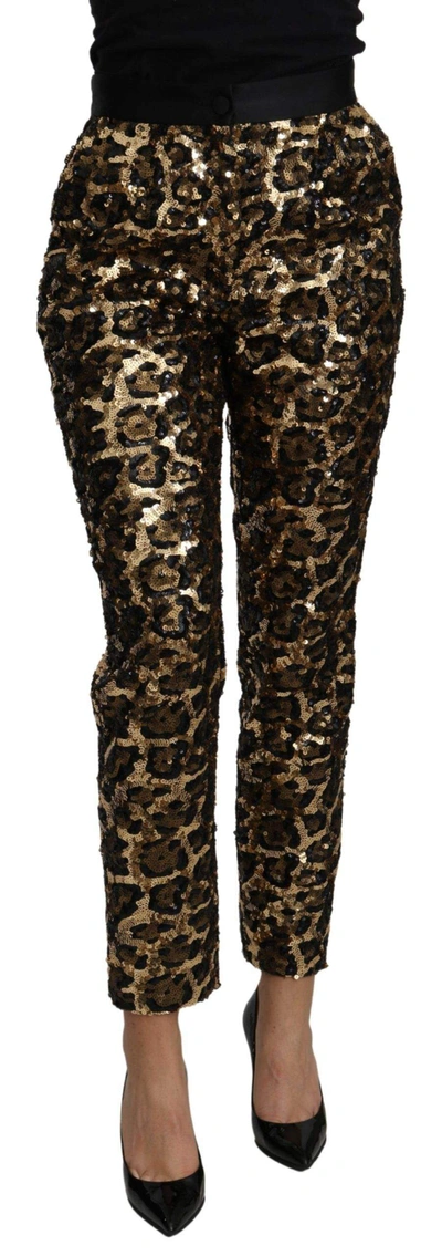 Shop Dolce & Gabbana Gold Brown Leopard Sequined High Waist Pants