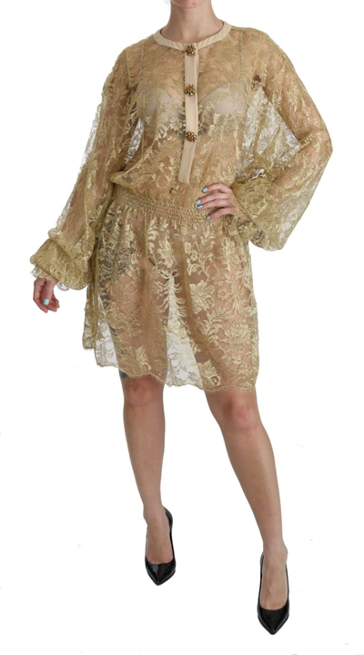 Shop Dolce & Gabbana Gold Lace See Through A-line Knee Length Dress