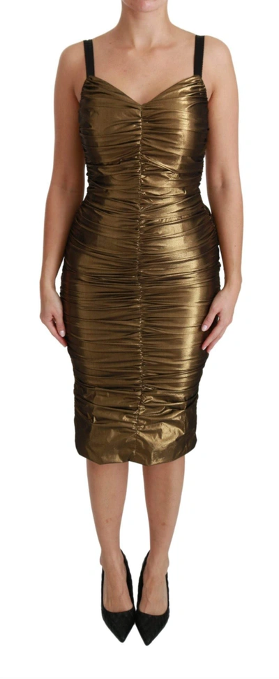 Shop Dolce & Gabbana Gold Metallic Stretch Bodycon Ruched Dress